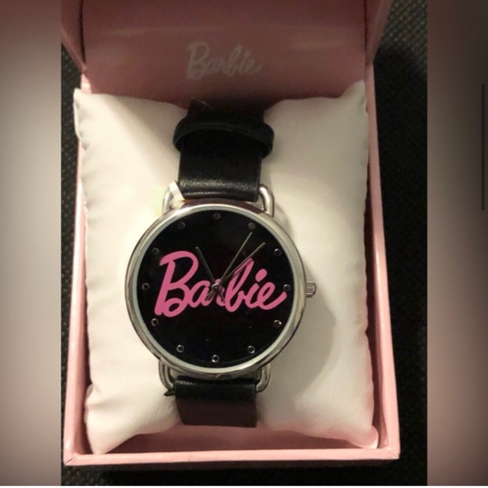 Barbie logo Watch with black Band and‎ black dial in pink Barbie box new in box